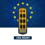 Remtron 611 radio remote control shown front-facing against a blue circuit-board background with EU stars and a “CRA-READY” label.