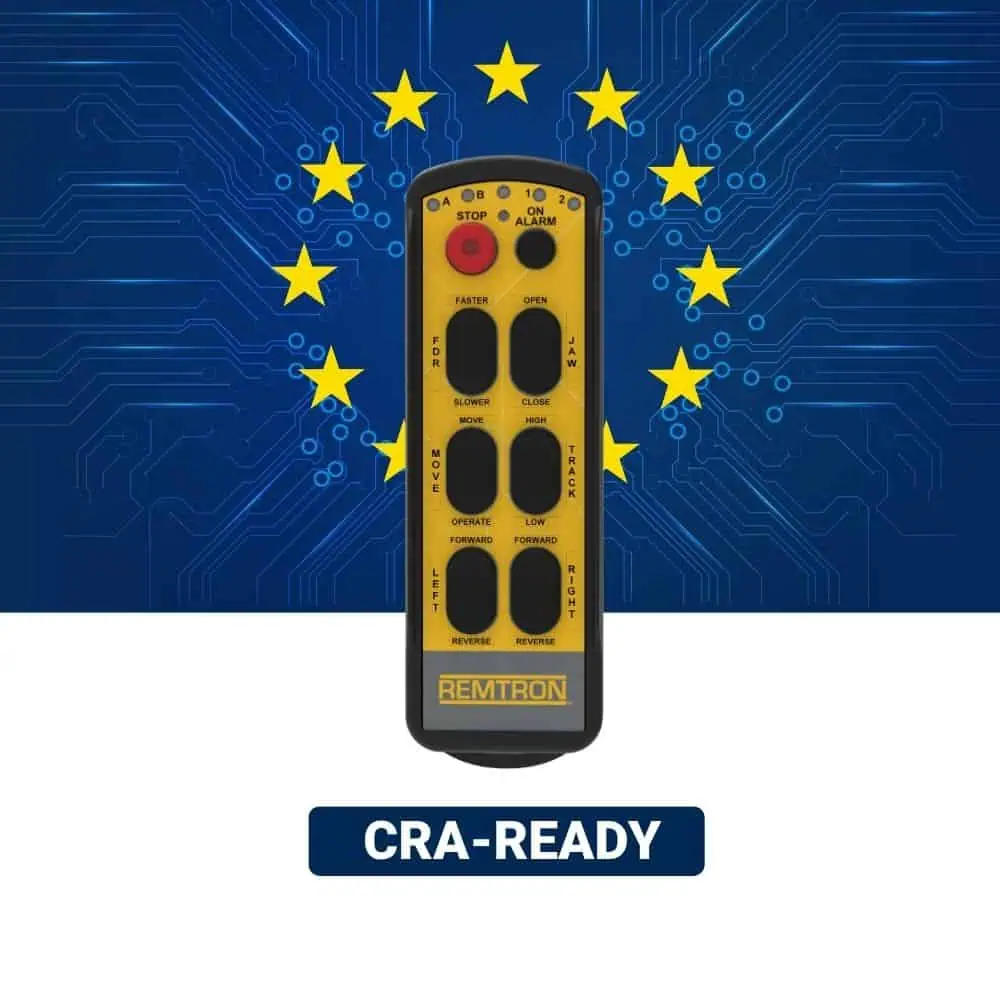 Remtron 611 radio remote control shown front-facing against a blue circuit-board background with EU stars and a “CRA-READY” label.