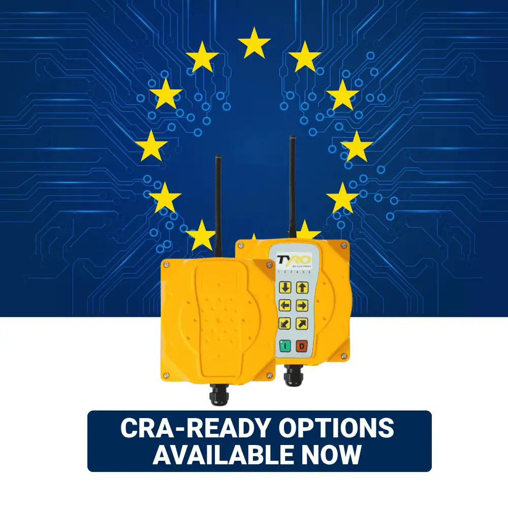 Auriga 2S industrial radio remote control featuring CRA-ready options for secure wireless control of industrial equipment and machinery