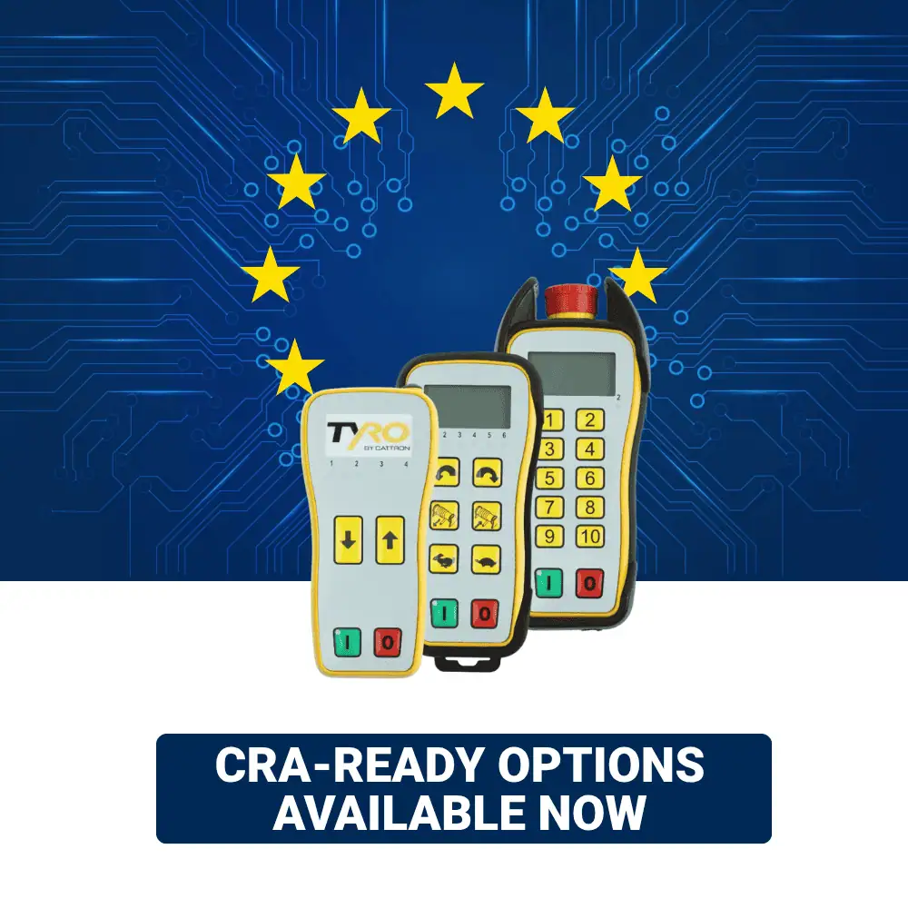 Pyxis 2S wireless industrial radio remote control transmitters featuring Cyber Resilience Act (CRA)-ready options for secure industrial machine control