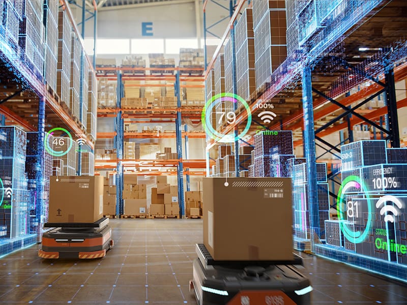 driverless robotic vehicles move boxes in a warehouse