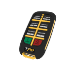 Angled Tyro Pump Boss Musca 2S transmitter showing six-button labels for concrete pump control