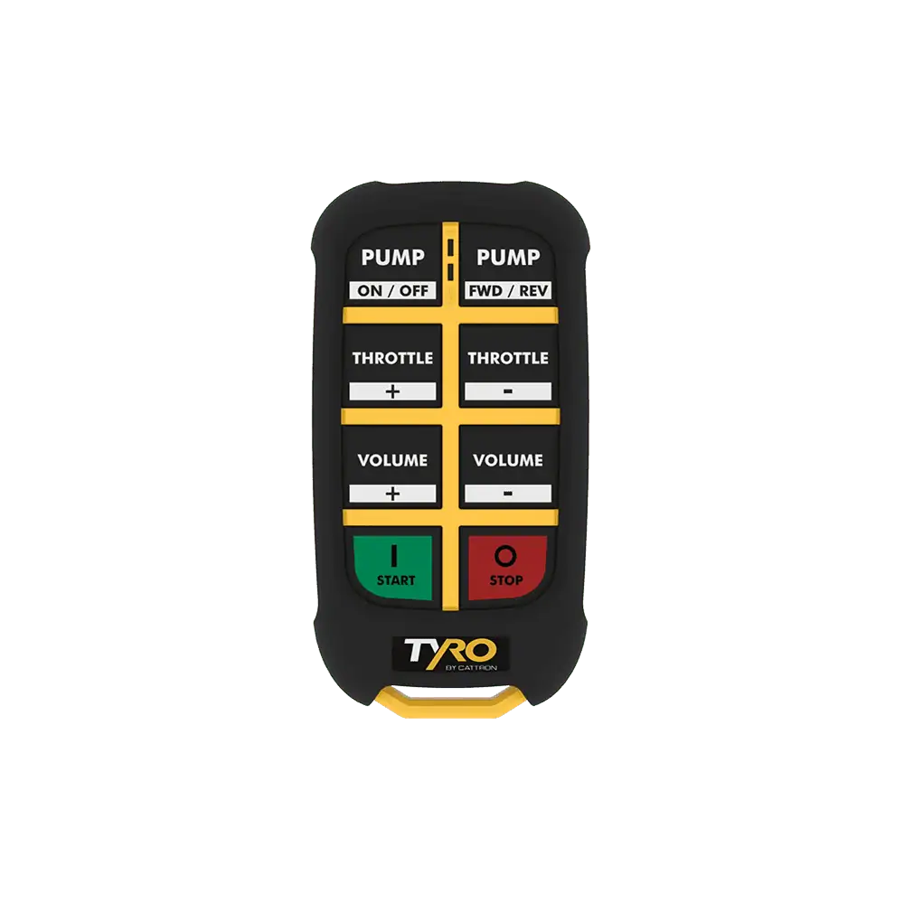 Front-facing Tyro Pump Boss Musca 2S transmitter showing six-button labels for concrete pump control