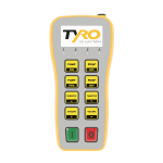 Front-facing Tyro Pump Boss Pyxis 2S transmitter showing eight-button labels for concrete pump control