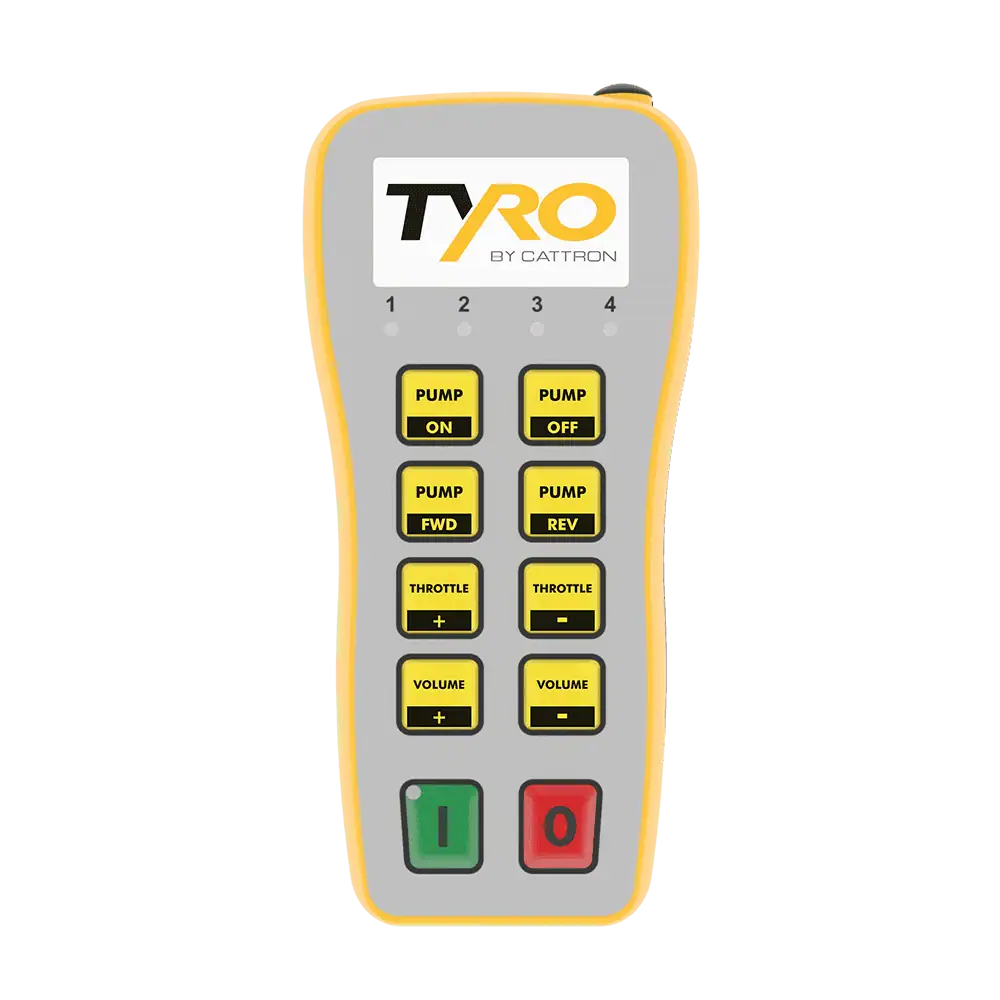 Front-facing Tyro Pump Boss Pyxis 2S transmitter showing eight-button labels for concrete pump control
