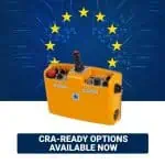 EC LO Pro UCU unit shown front-facing below EU stars and a blue circuit-board background, with a “CRA-READY OPTIONS AVAILABLE NOW” label underneath