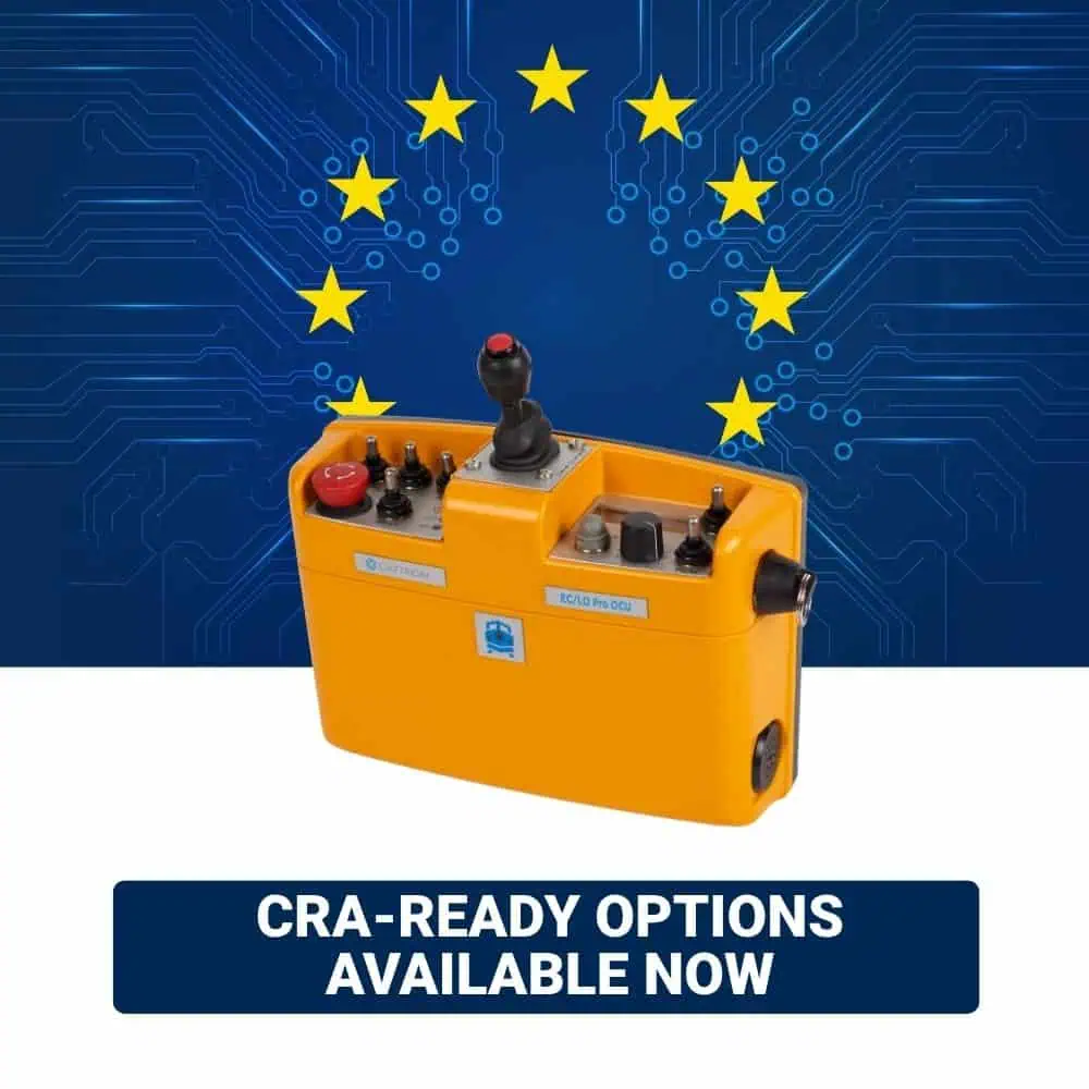 EC LO Pro UCU unit shown front-facing below EU stars and a blue circuit-board background, with a “CRA-READY OPTIONS AVAILABLE NOW” label underneath