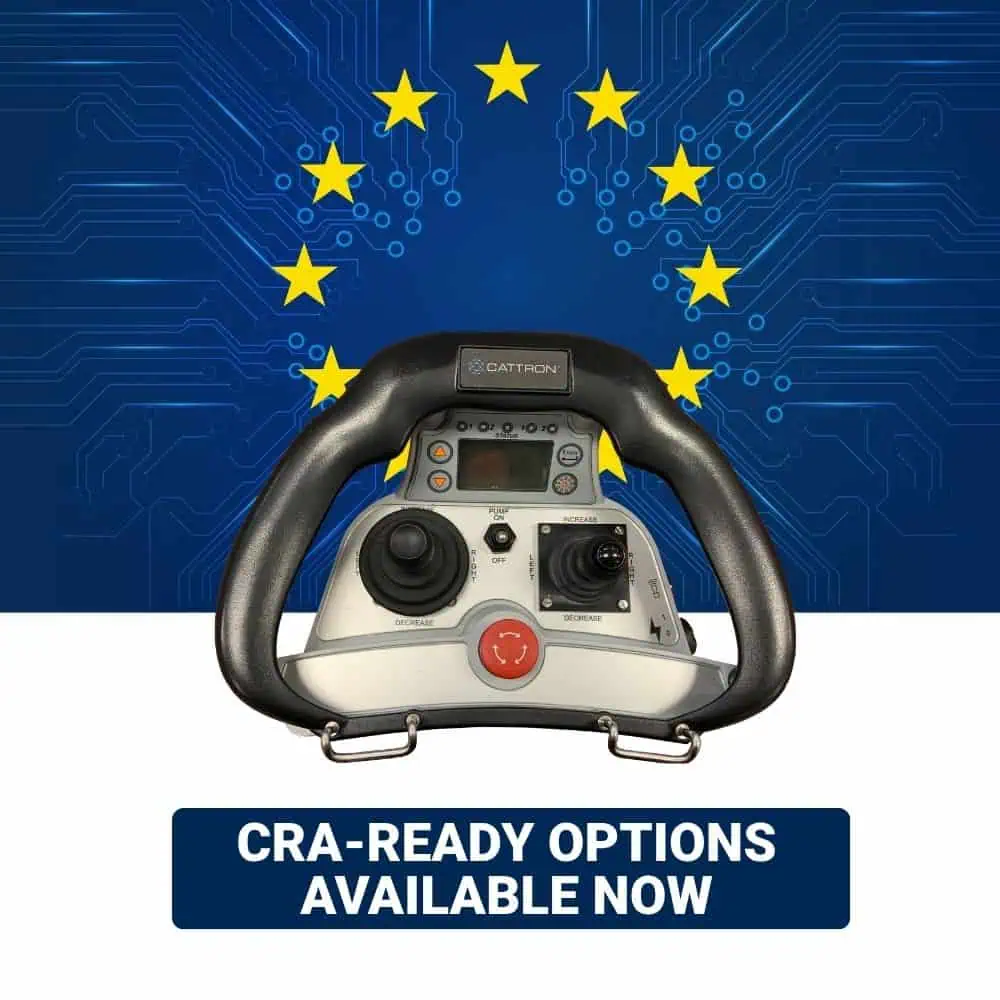 LRC-M1 bellybox shown front-facing below EU stars and a blue circuit-board background, with a “CRA-READY OPTIONS AVAILABLE NOW” label underneath