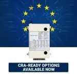 Das MMCU4-Gerät ist unten vor den EU-Sternen und vor einem blauen Leiterplattenhintergrund von vorne abgebildet, darunter befindet sich die Aufschrift „CRA-READY OPTIONS AVAILABLE NOW“.
