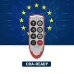 Cattron Excalibur radio remote control shown front-facing against a blue circuit-board background with EU stars and a “CRA-READY” label.