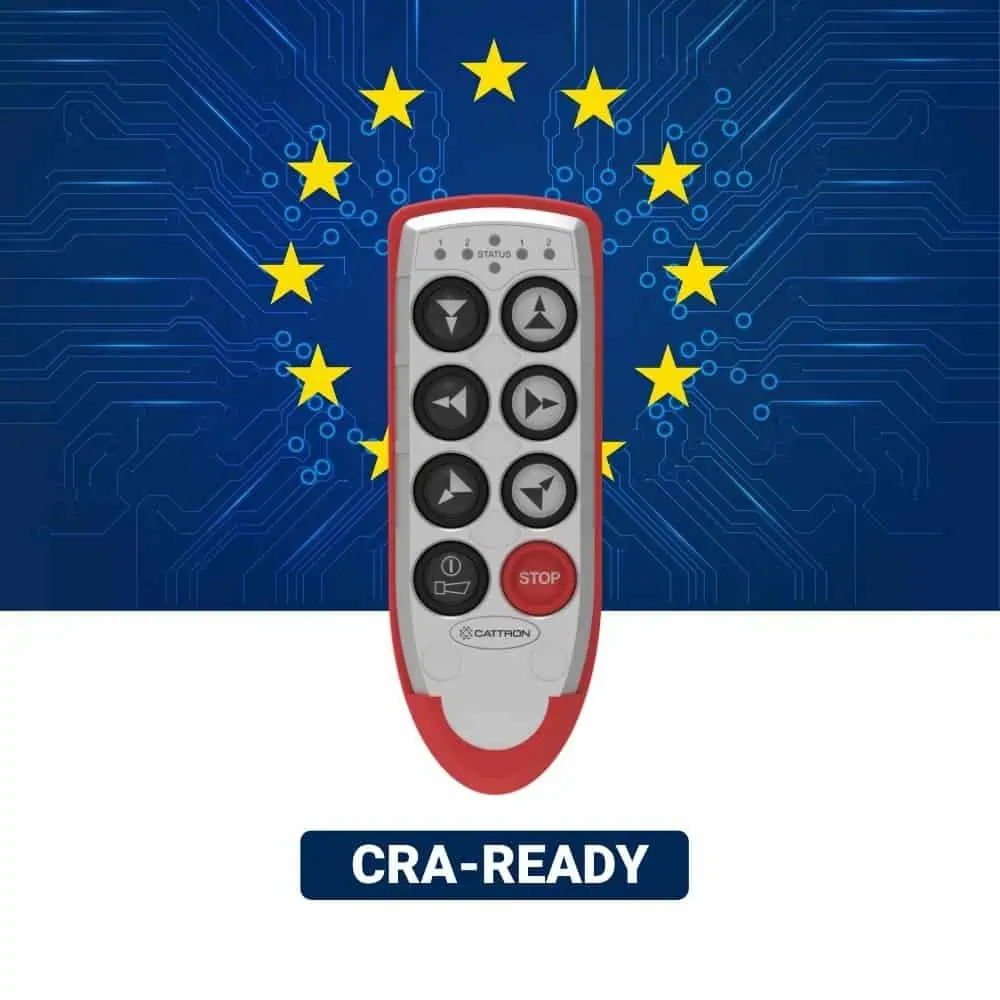 Cattron Excalibur radio remote control shown front-facing against a blue circuit-board background with EU stars and a “CRA-READY” label.