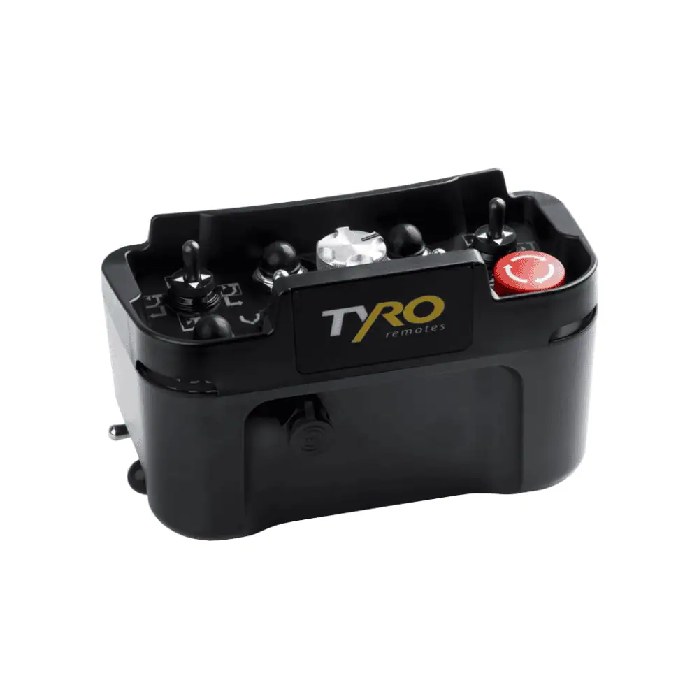 a top perspective view of Tyro Pollux 1S radio remote control showing control panel buttons
